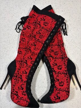 Red Lace Over-The-Knee Lace-Up Heels